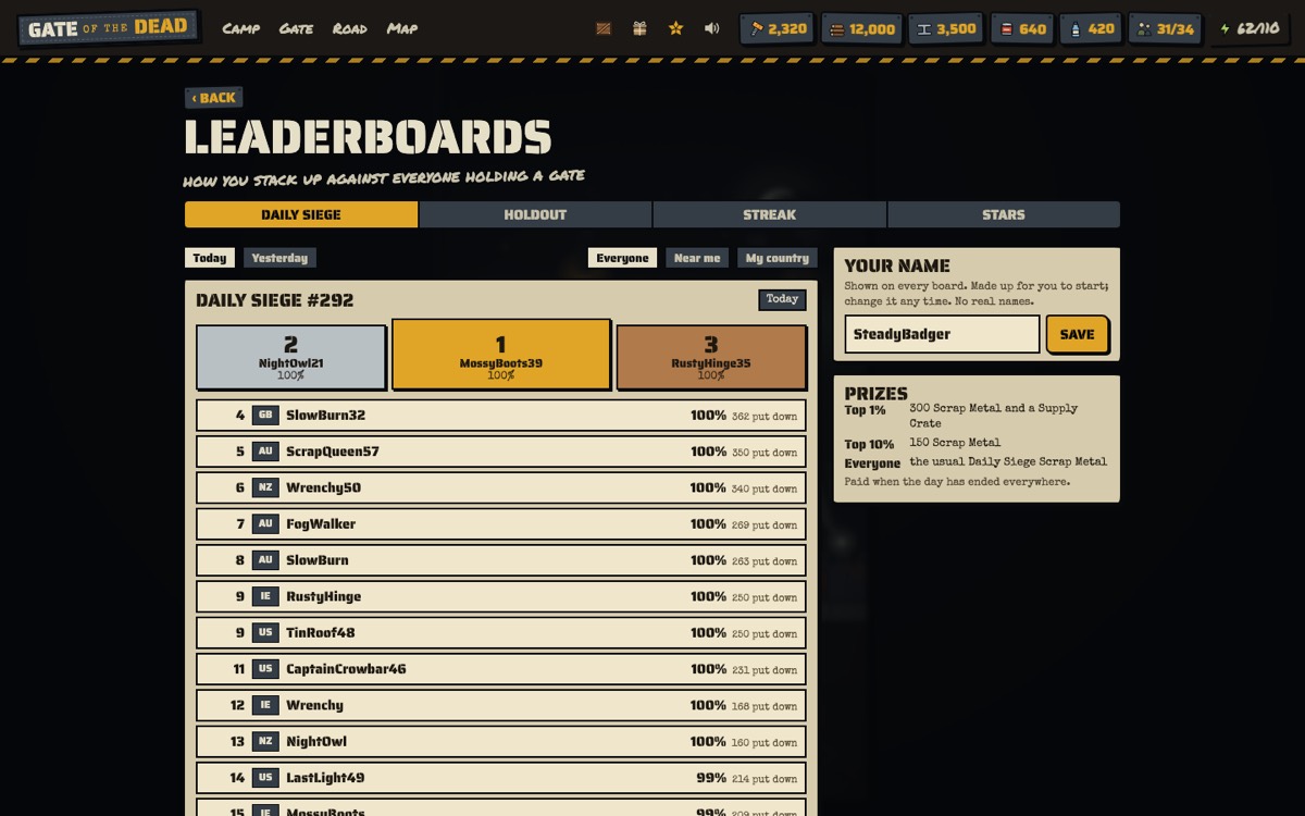 The leaderboards on the Daily Siege tab, with a podium, the list of players and your made-up name