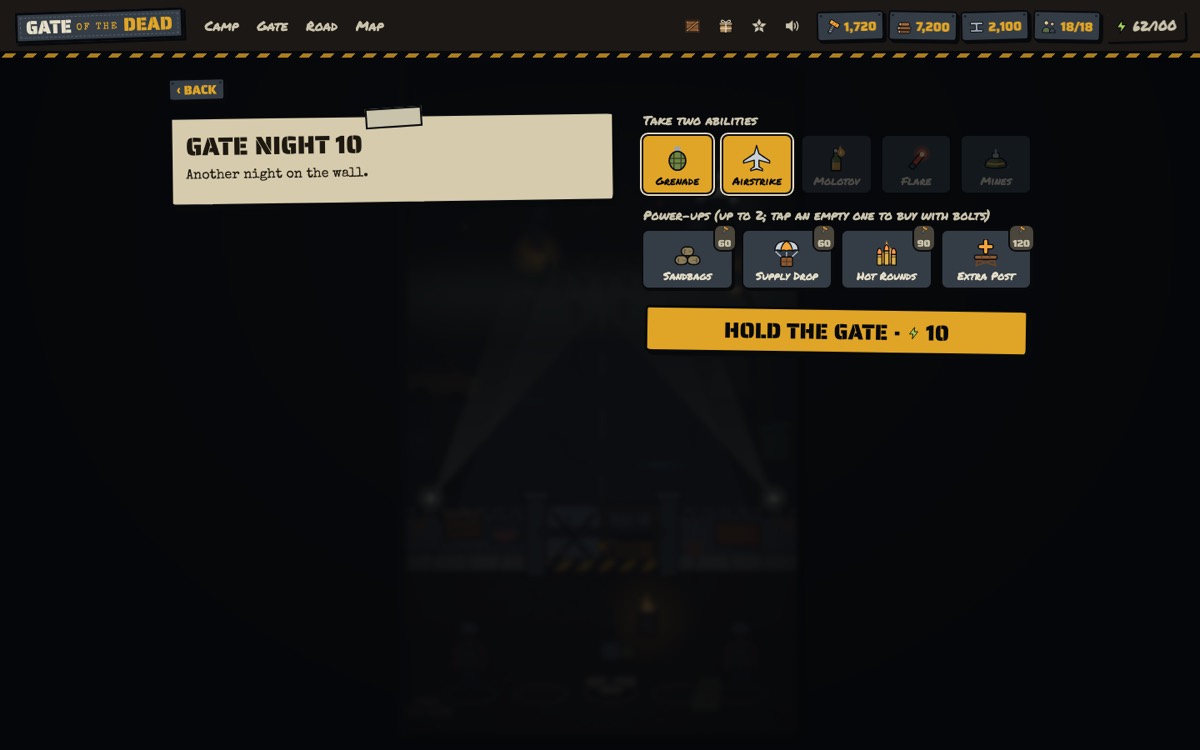 The briefing for gate night 10, with two abilities chosen and four power-ups
