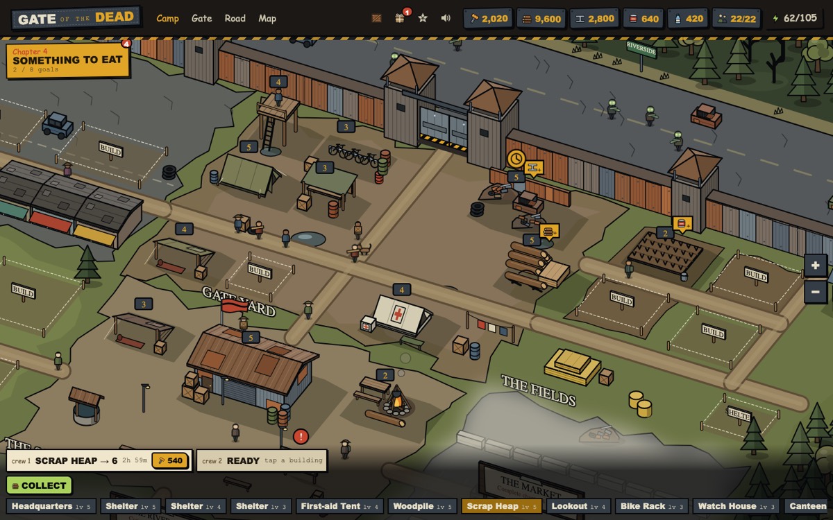 The camp in chapter 4: buildings with level numbers, materials along the top and two building crews along the bottom