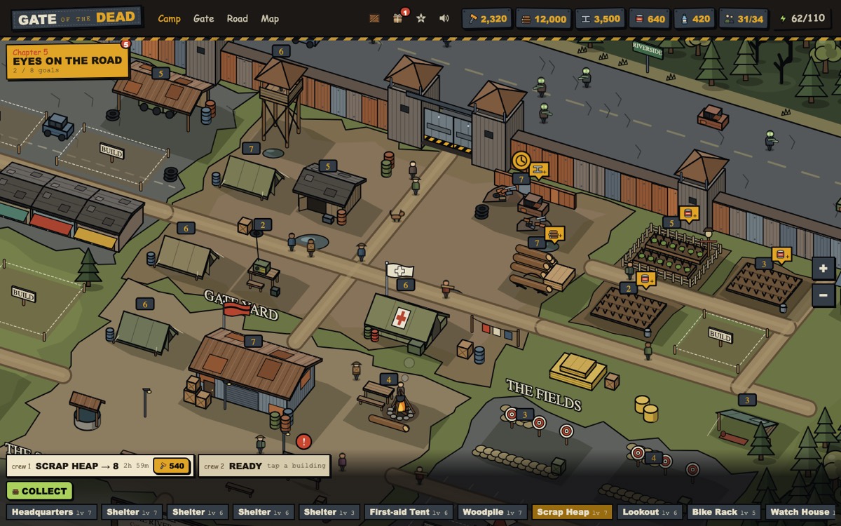 The camp at Riverside Depot in chapter 6, with shelters, the Lookout, the gate and the fields