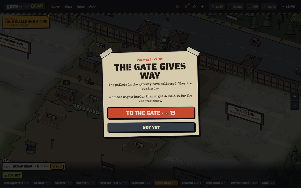 The chapter 1 crisis notice: The gate gives way, with buttons To the gate and Not yet