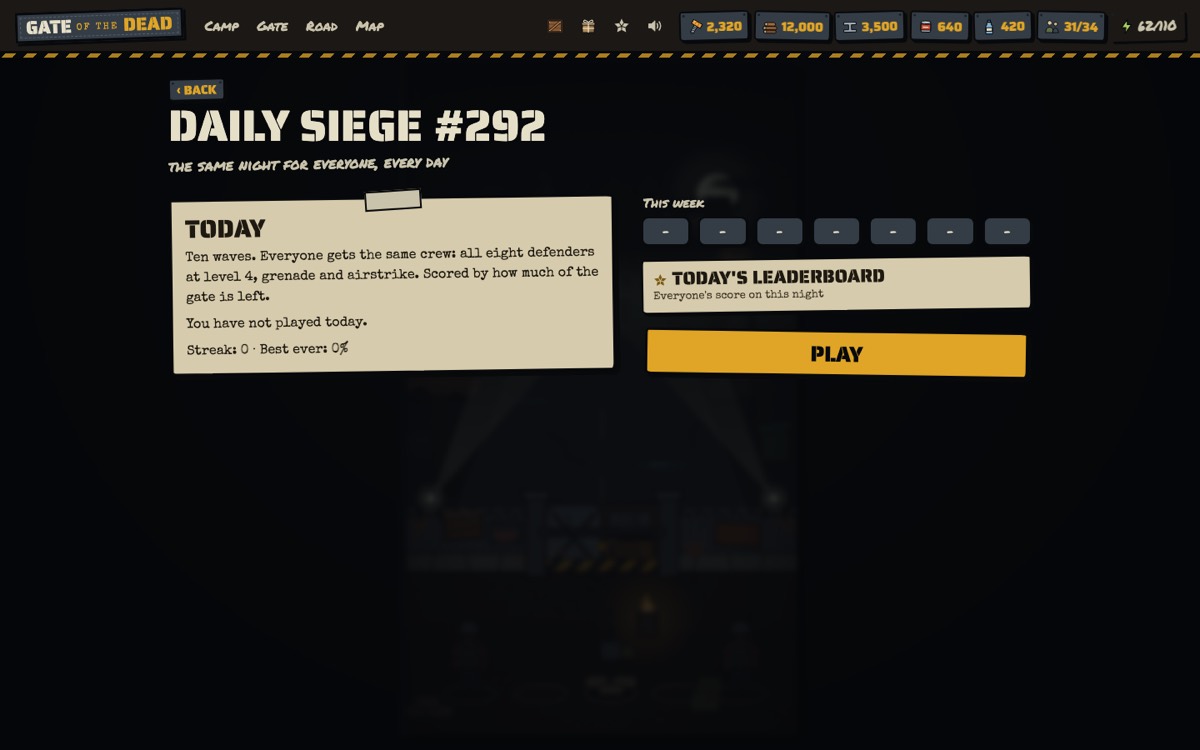 The Daily Siege screen: today's rules, the week's results and a Play button