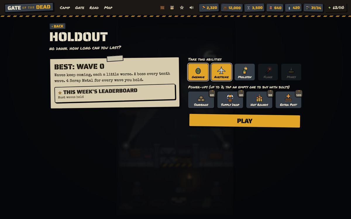 The Holdout screen with abilities and power-ups to choose and a Play button