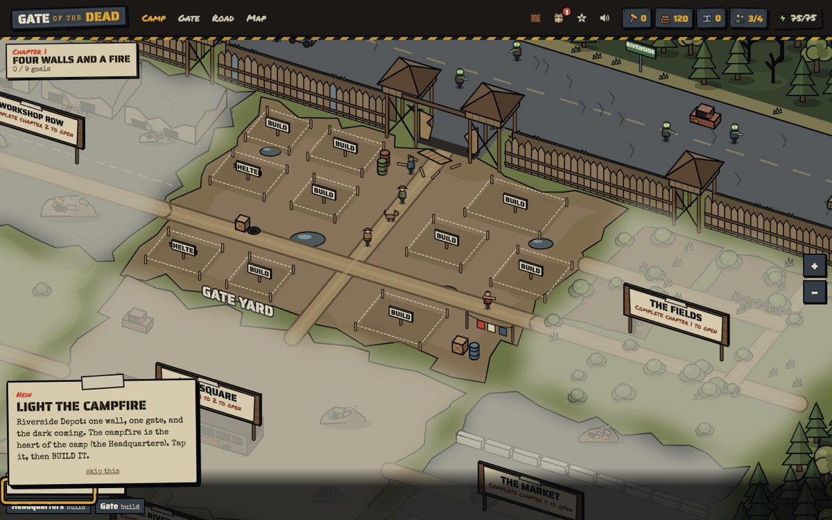 The opening screen of Gate of the Dead: the Gate Yard in fog, with a note pointing at the campfire