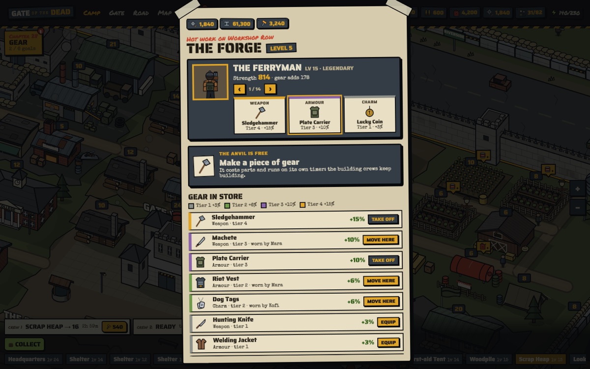 The Forge at level 5: The Ferryman wearing a Sledgehammer, a Plate Carrier and a Lucky Coin, and gear in store below