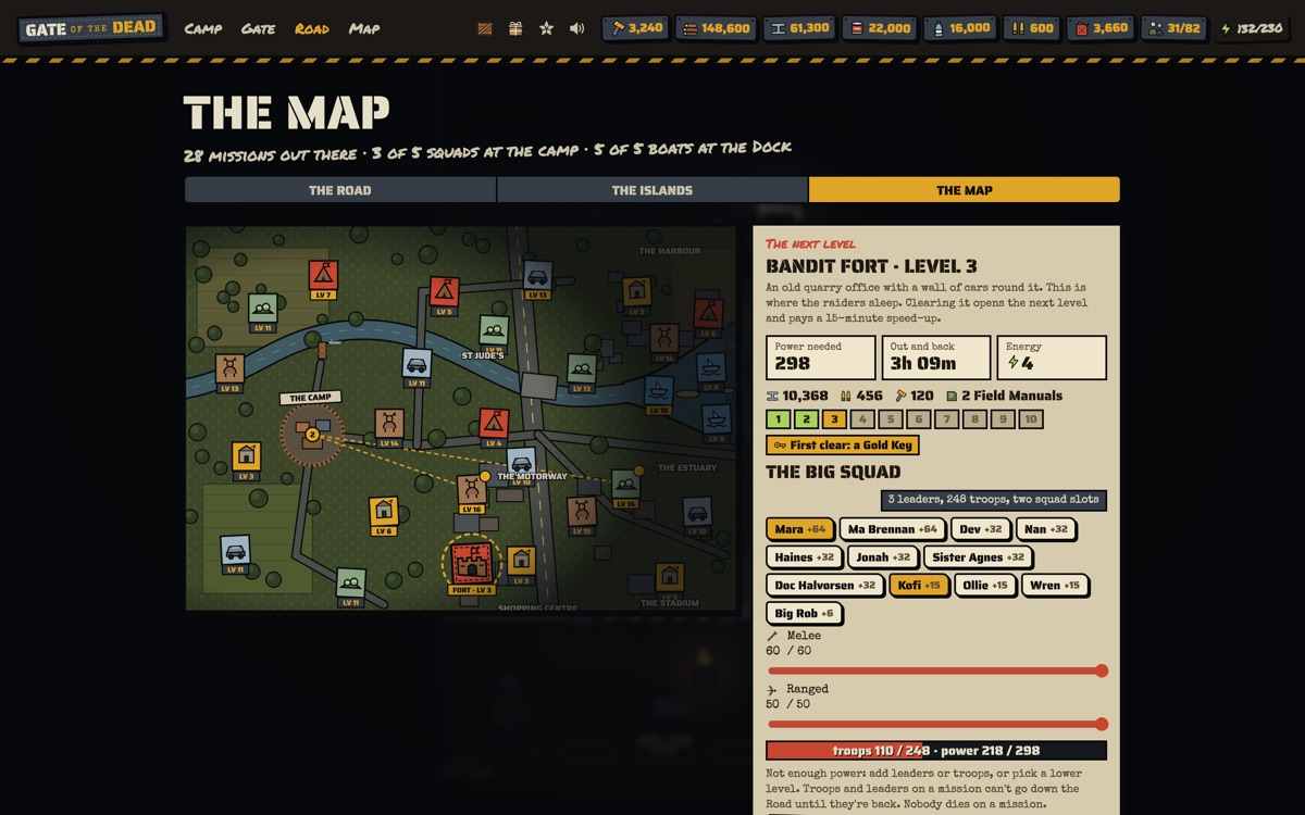 A Bandit Fort level 3 on the map: power needed 298, 3 hours 9 minutes out and back, the loot, and the big squad picker