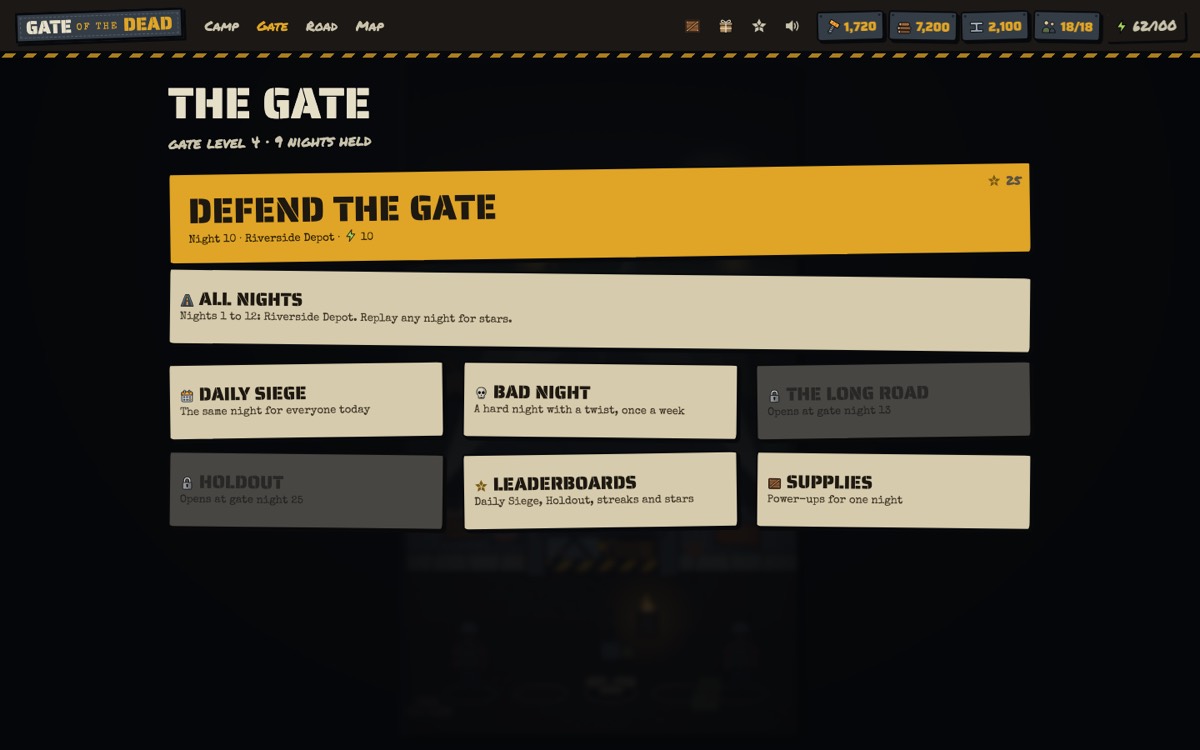 The Gate tab: Defend the Gate at the top, then All nights, Daily Siege, Bad Night, The Long Road, Holdout, Leaderboards and Supplies