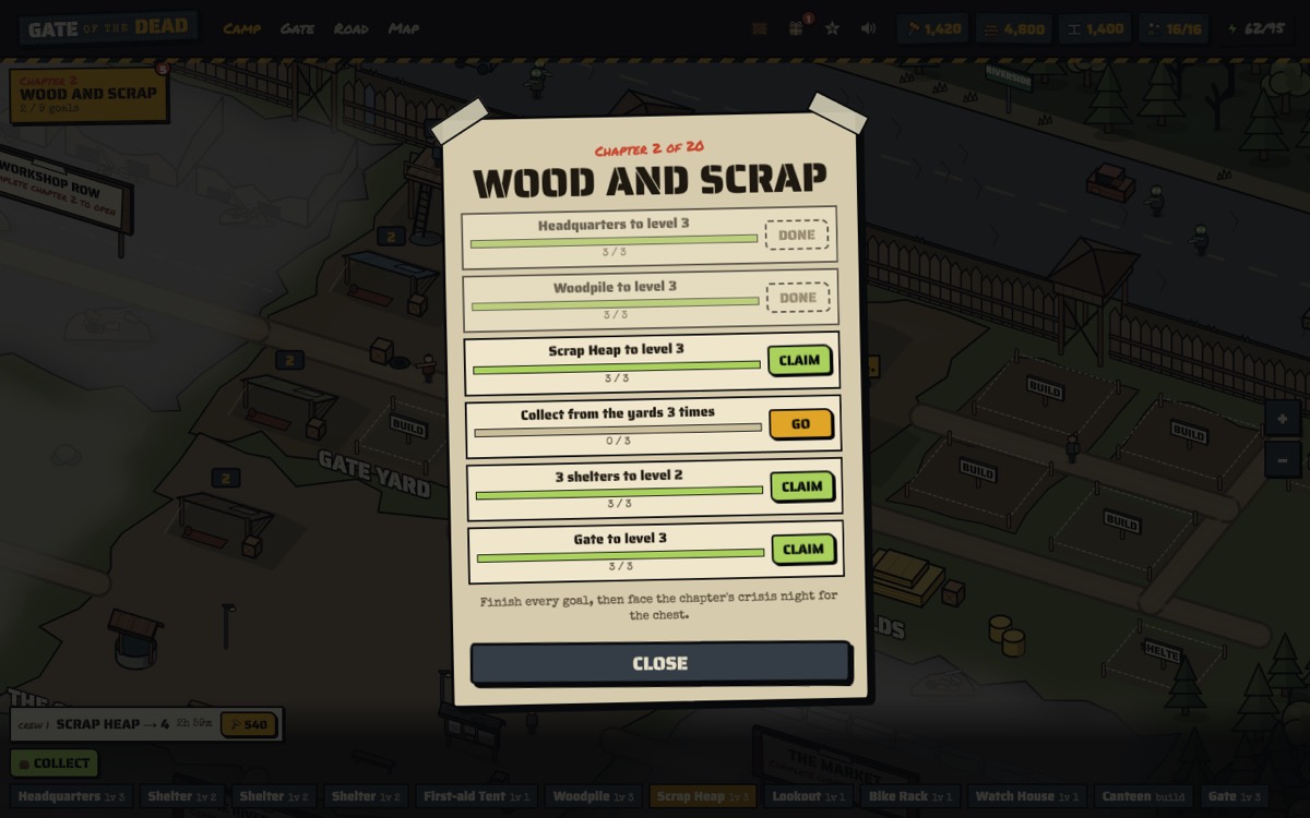 The goals for chapter 2, Wood and Scrap, with Done, Claim and Go buttons