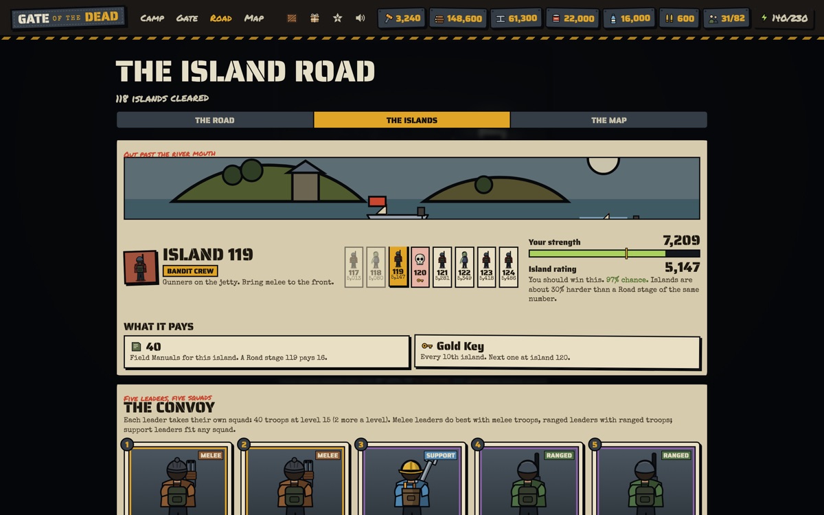 The Island Road: island 119 with a bandit crew, your strength against the island rating, and a Gold Key at island 120