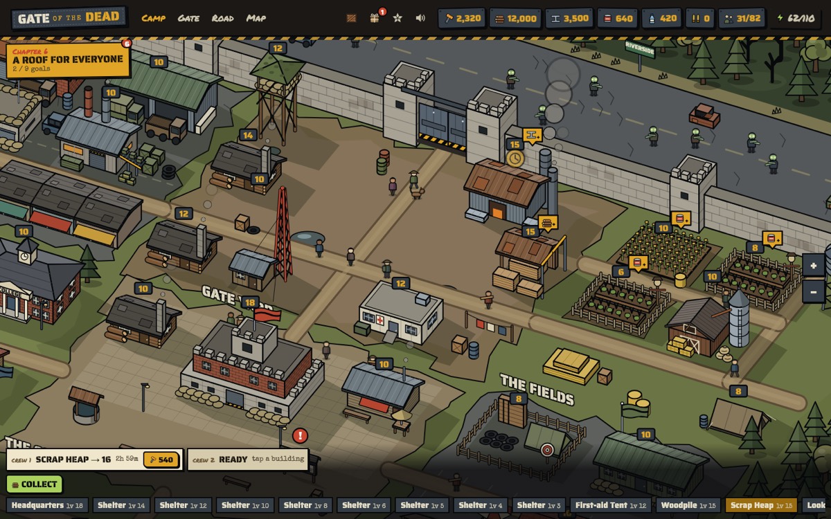A late-game camp with the Market, the School and the River Bank built up