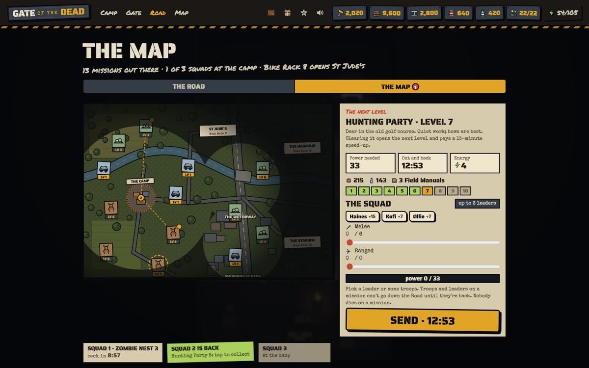 The map: missions around the camp, a Hunting Party at level 7 selected, and the squad picker with leaders and troops