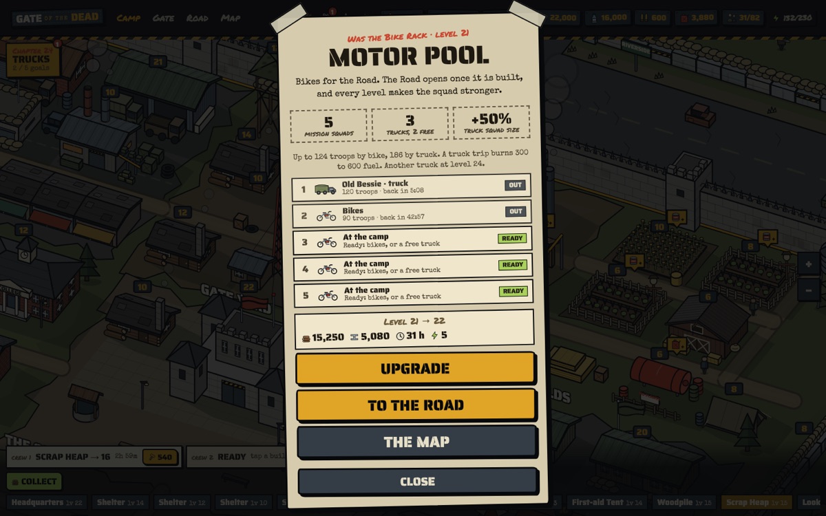 The Motor Pool at level 21: five mission squads, three trucks, two of them free, and squads out by truck and by bike