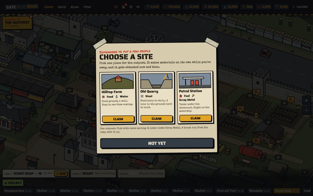 Choose a site: Hilltop Farm (food and water), Old Quarry (steel) and Petrol Station (fuel and Scrap Metal)