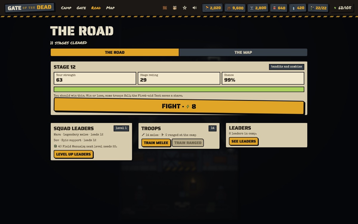 The Road screen showing stage 12, strength 63 against a rating of 29, a 99% chance and the Fight button