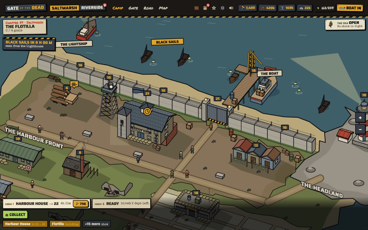 Saltmarsh: the Harbour House, the sea wall with the Harbour Gate in it, the jetty with the boat tied up, and the sea beyond