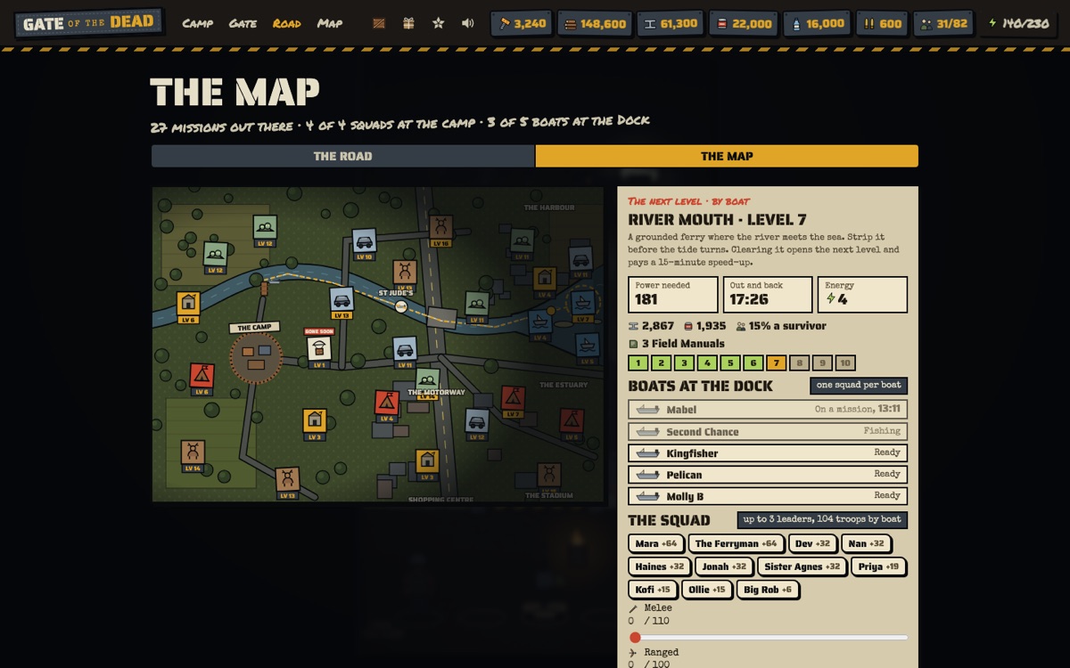 The map with a River Mouth mission picked: power needed, time out and back, 4 energy, the loot, and the boats at the Dock