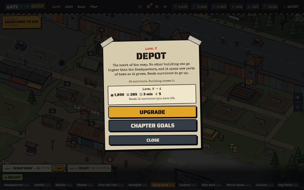 A building sheet for the Headquarters at level 5, called the Depot, showing the cost of level 6