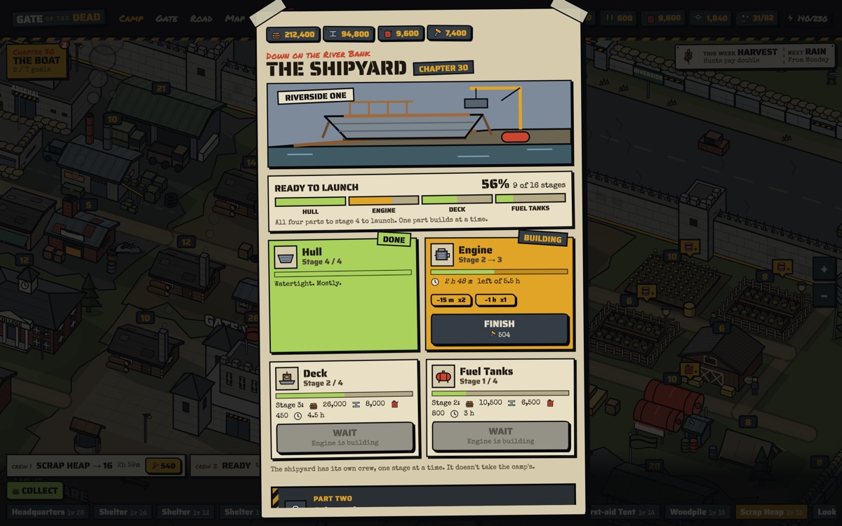 The Shipyard at 9 of 16 stages: hull done, engine at stage 2 building, deck at 2 and fuel tanks at 1