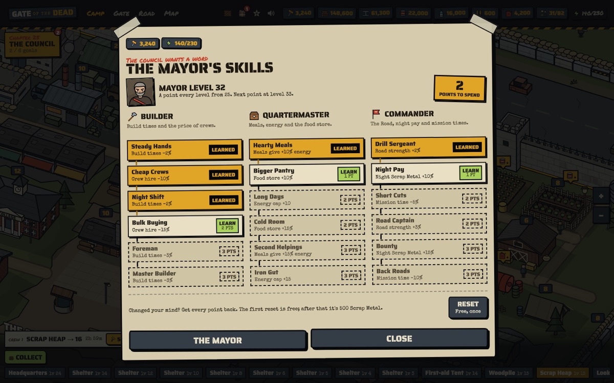 The Mayor's skills at Mayor level 32: three Builder skills learned, one each in Quartermaster and Commander, and 2 points to spend