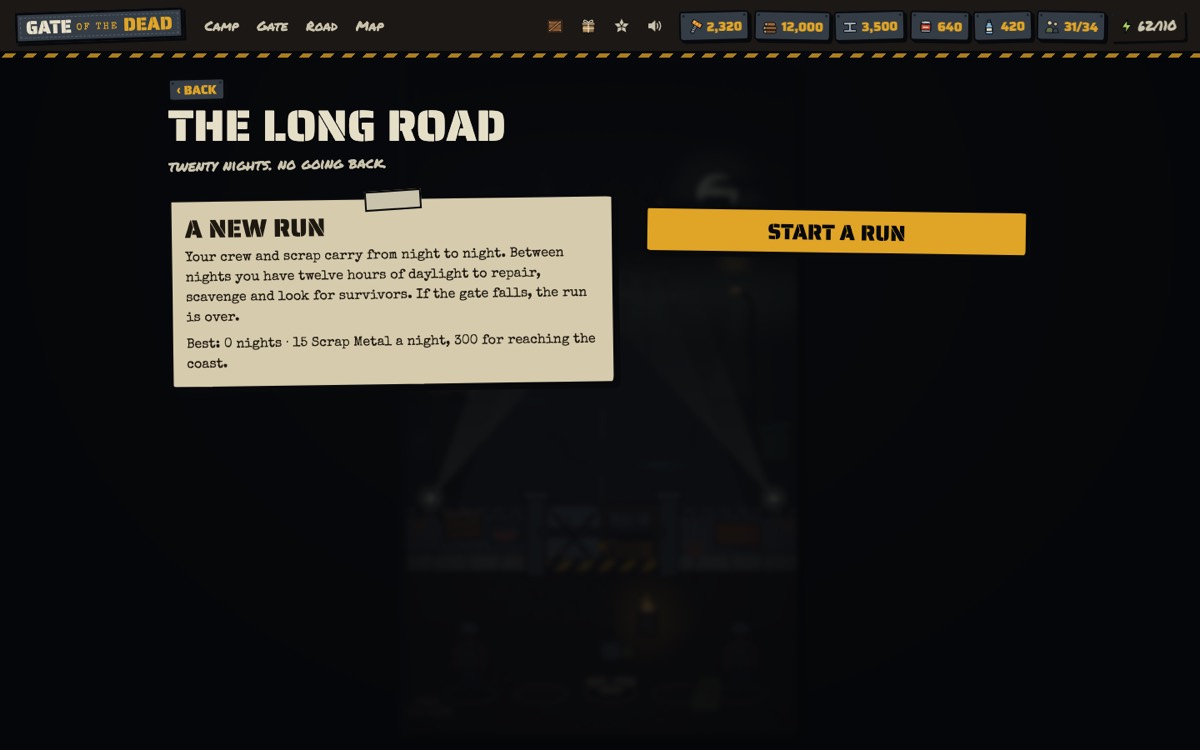 The Long Road screen: a new run, with your best so far and the Start a run button