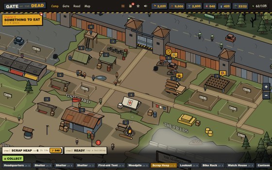 The camp in chapter 4 with building crews and the Collect button