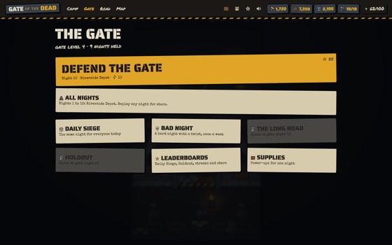 The Gate tab with Defend the Gate, Daily Siege, Bad Night, The Long Road and Holdout