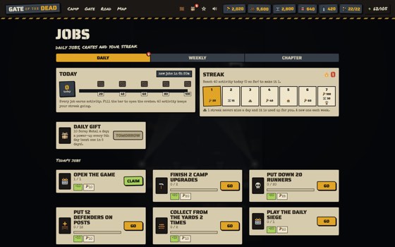 The Jobs screen with today's activity bar, the streak and eight daily jobs