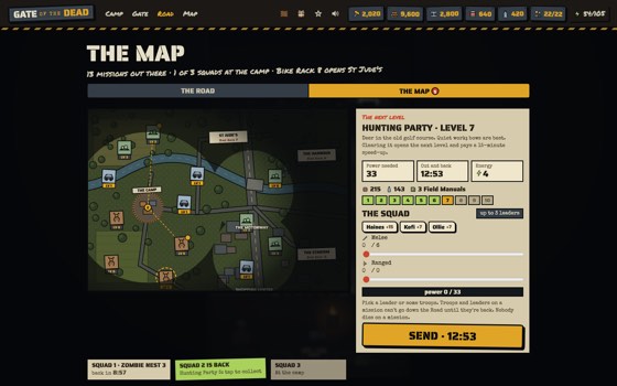 The map with missions around the camp and the squad picker