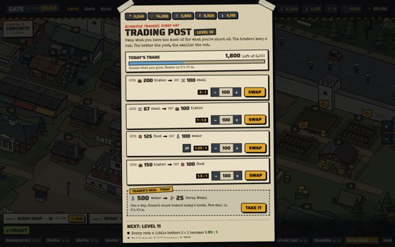 The Trading Post screen with four swaps and the trader's deal