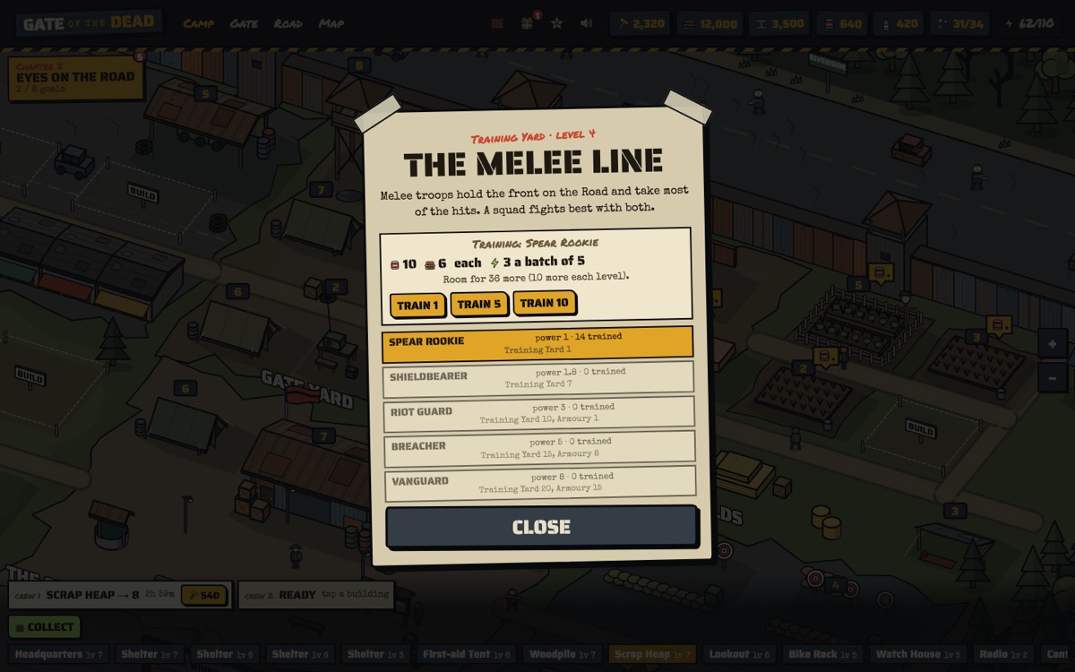 The Training Yard at level 4: training Spear Rookies in batches, with the five melee tiers listed