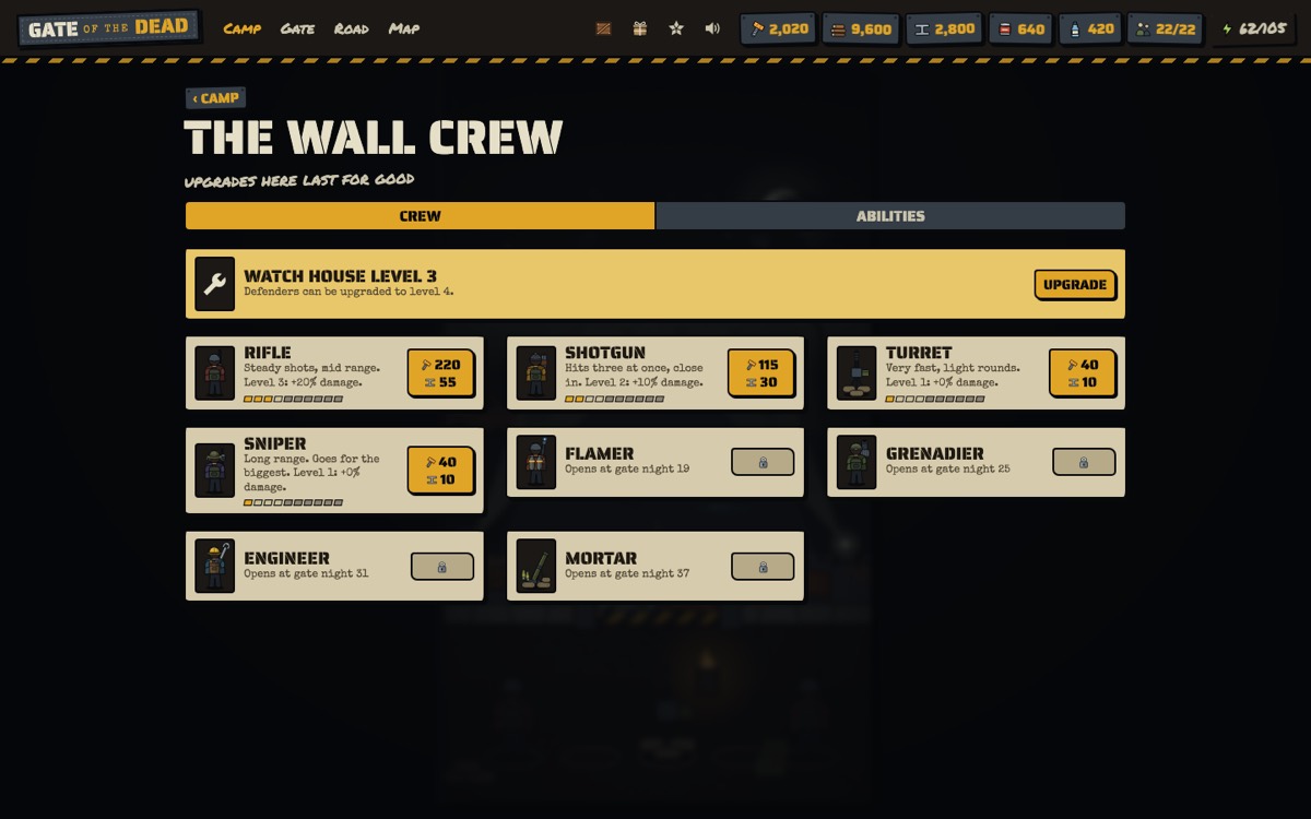The wall crew screen: the Watch House at level 3 and upgrade buttons for each defender